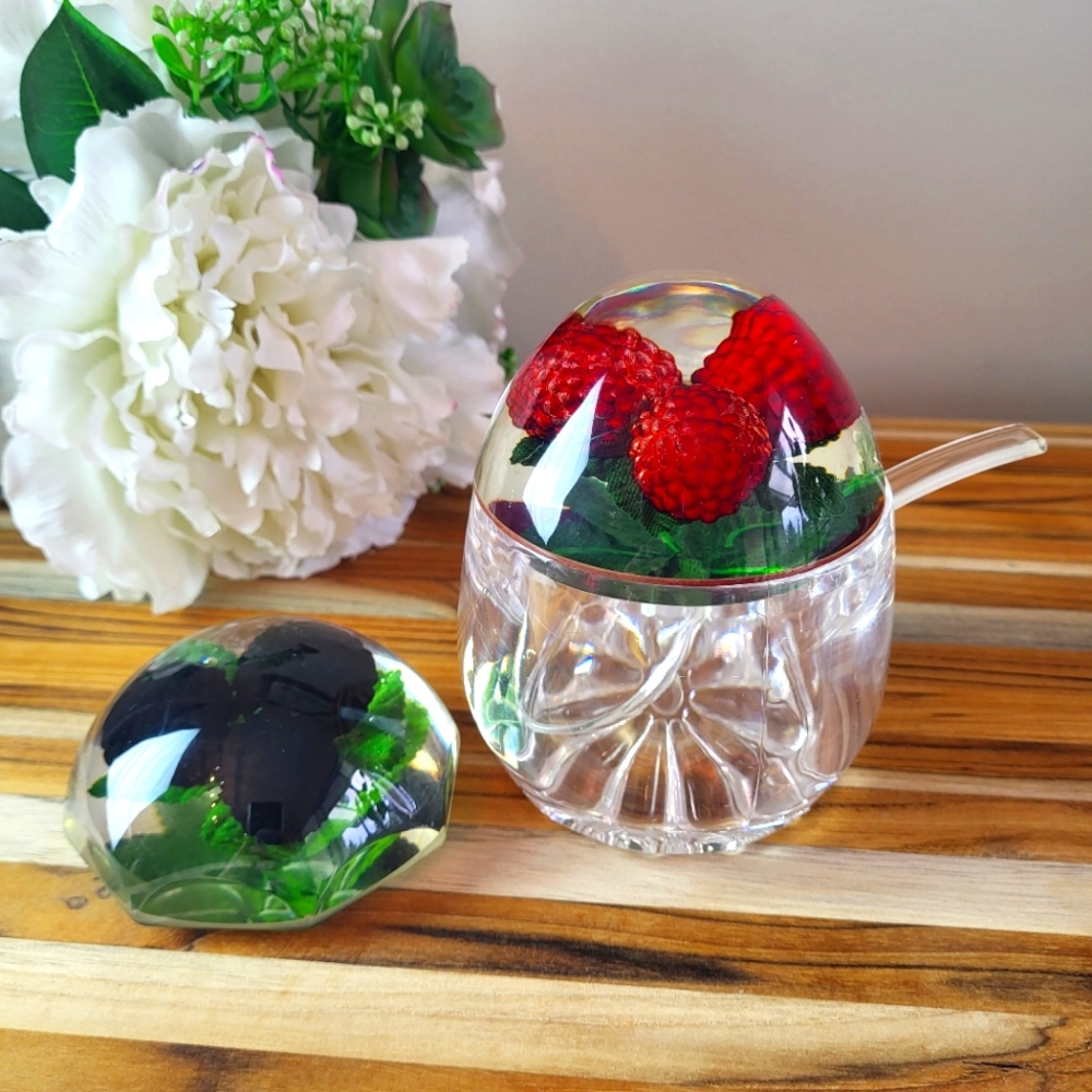 Vintage Jam Jar with 2 Lucite Lids, Blackberry and Raspberry, Plastic